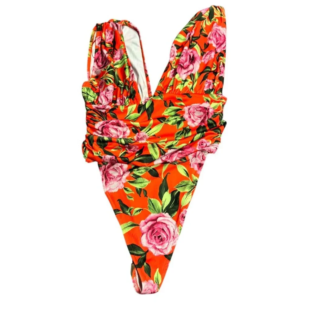 Zara Womens Bright Floral Bodysuit/Swimsuit Tropical Orange & Pink Size M - Picture 3 of 9